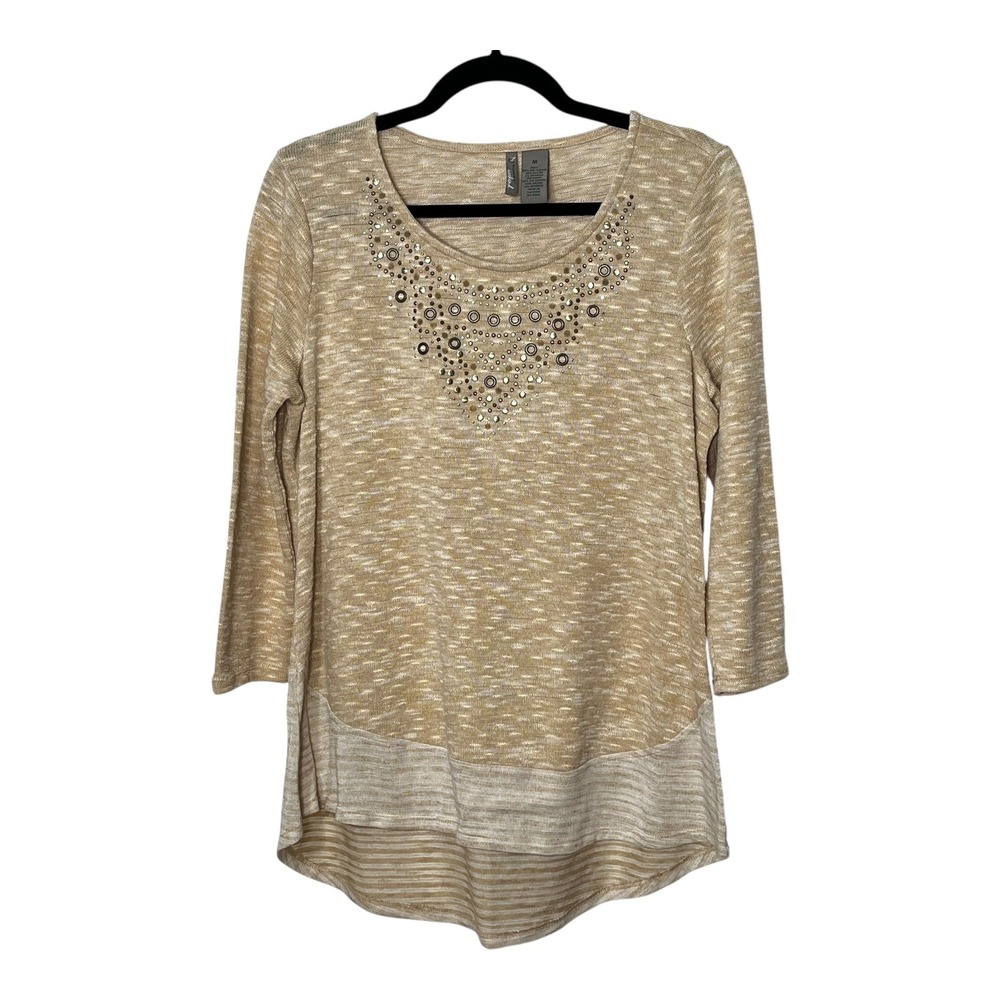 New Directions Weekend Tan Marl Embellished 3/4 Sleeve‎ High-Low Top Size M
